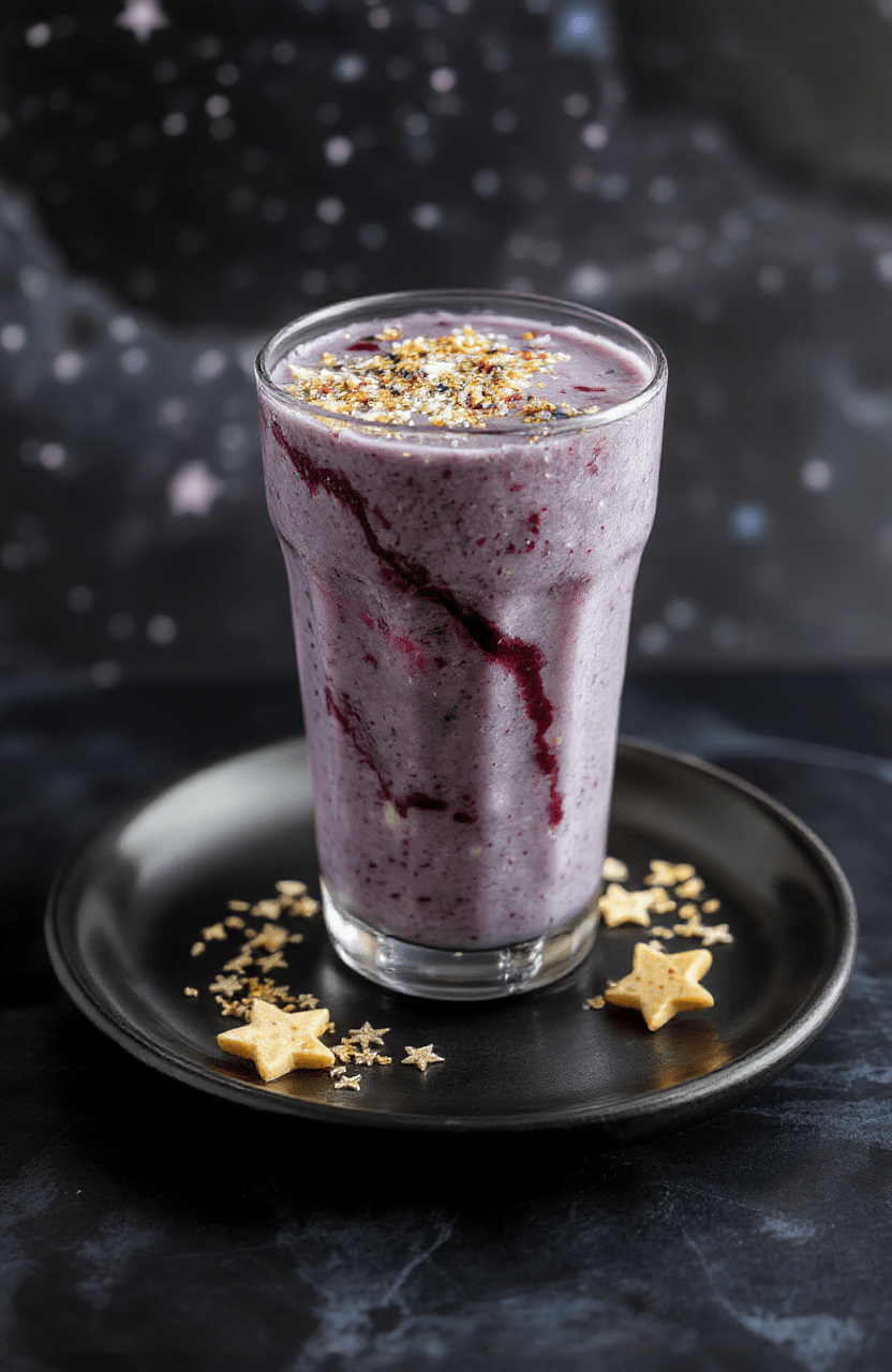 A vibrant Galaxy Smoothie in a clear glass, swirling purple, blue, and pink hues resembling a cosmic galaxy, topped with edible glitter star sprinkles, set on a sleek black plate with star-shaped garnishes, against a dark space-themed background.