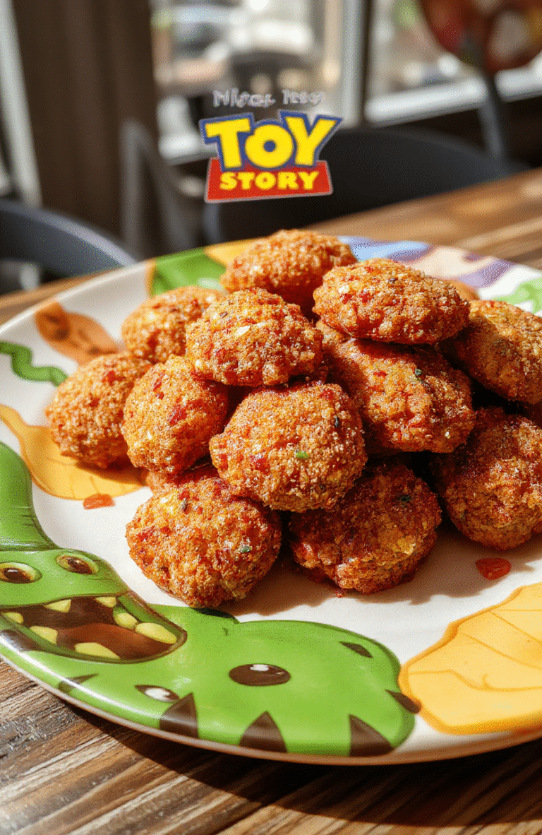 Colorful dinosaur-shaped chicken nuggets on a vibrant plate with cartoon-themed napkins, textured and crispy coating, garnished with fresh herbs, playful and inviting presentation