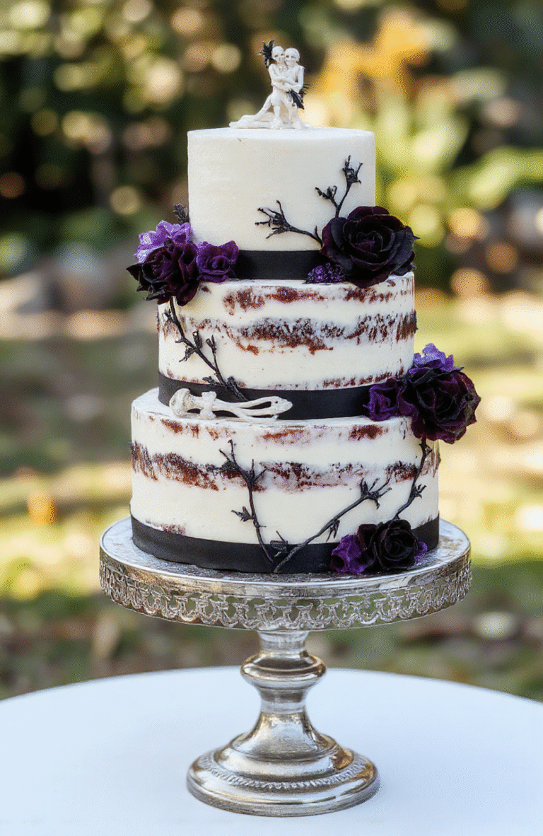 A tall, multi-layered gothic wedding cake with black and deep purple fondant, intricate skeletal and flower decorations, and a haunting bride and groom topper. The cake is on a vintage silver stand, with subtle lighting enhancing its dark, elegant aesthetic, surrounded by black lace and silver accents.