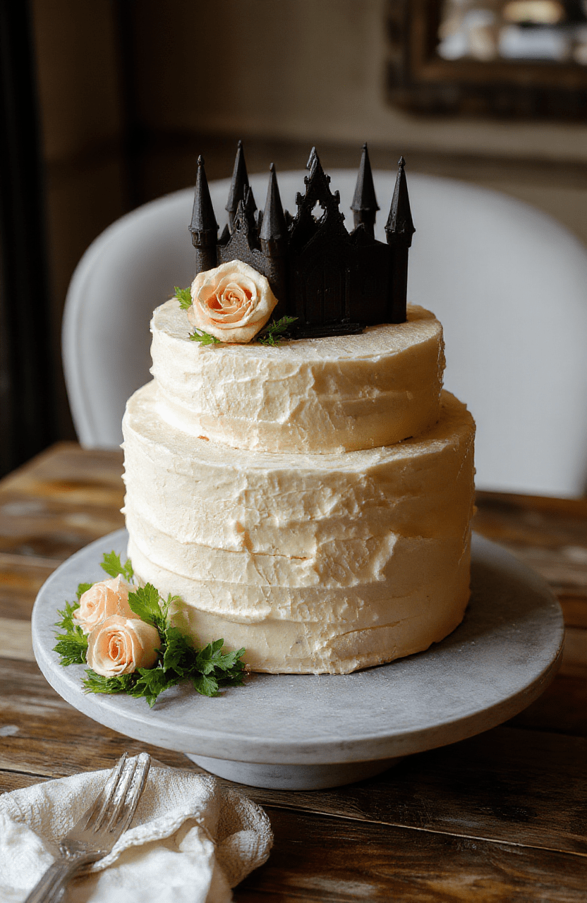 A tall, multi-tiered gothic wedding cake with dark purple and black fondant, intricate silver detailing, spiderweb patterns, and creepy edible decorations, displayed on a vintage wooden table with candles and dark flowers, creating a spooky and elegant atmosphere.