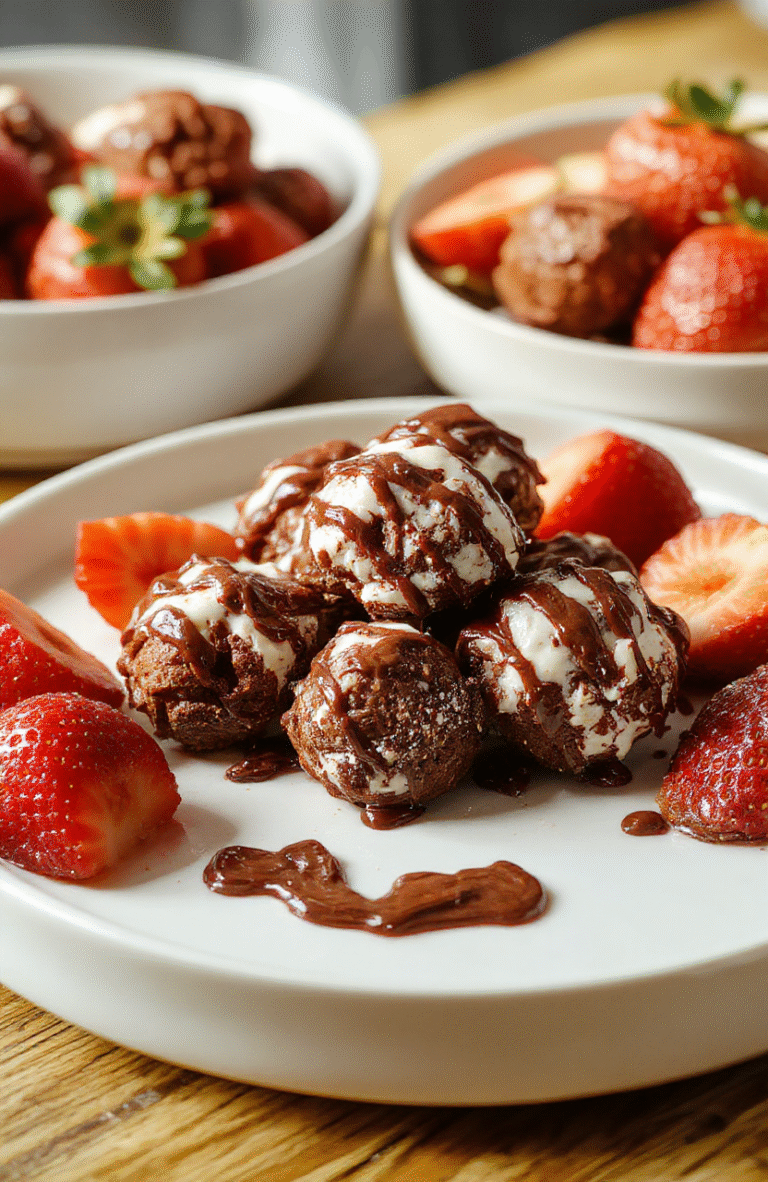 Bright pink and rich brown chocolate strawberry yogurt clusters arranged on a white plate, garnished with fresh strawberries and drizzled with melted chocolate, styled casually with a soft blurred background, vibrant colors, and inviting textures.