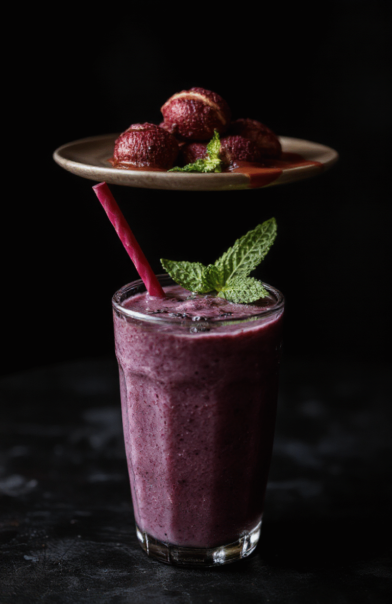 A dark, eerie green smoothie in a tall glass with swirling black and deep green layers, garnished with a black straw and a spooky garnish, set on a dark wooden surface with moody lighting and shadowy background that evokes a gothic, mysterious atmosphere.