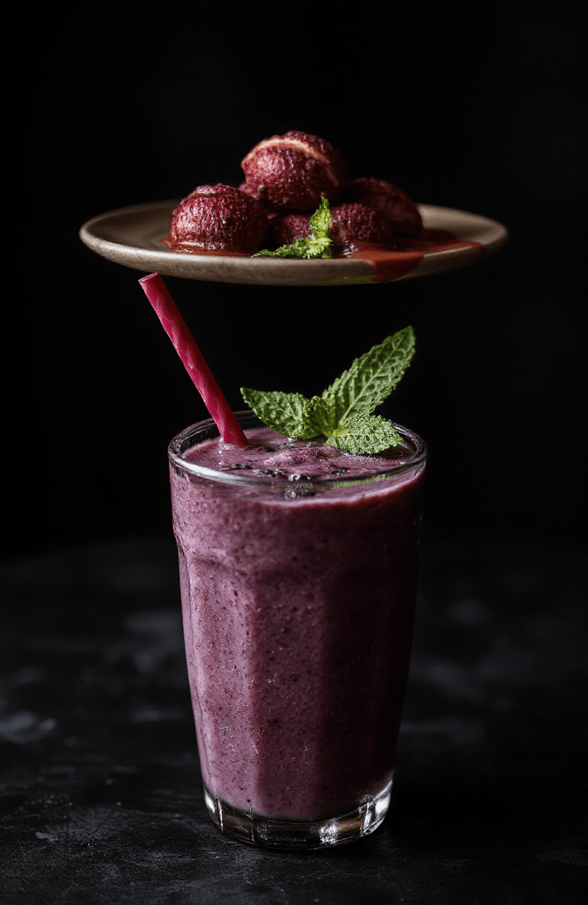 A dark, eerie green smoothie in a tall glass with swirling black and deep green layers, garnished with a black straw and a spooky garnish, set on a dark wooden surface with moody lighting and shadowy background that evokes a gothic, mysterious atmosphere.