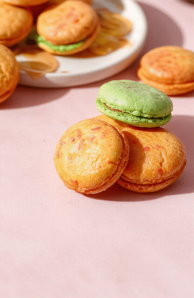 Colorful Rainbow Macarons arranged in a neat row on a white plate, with glossy shells in red, orange, yellow, green, blue, and purple, delicate texture, set against a pastel background with subtle whimsical decorations.