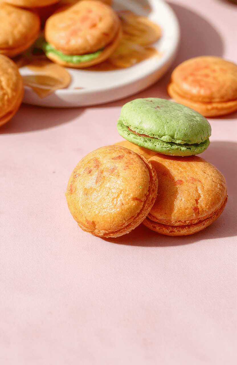Colorful Rainbow Macarons arranged in a neat row on a white plate, with glossy shells in red, orange, yellow, green, blue, and purple, delicate texture, set against a pastel background with subtle whimsical decorations.