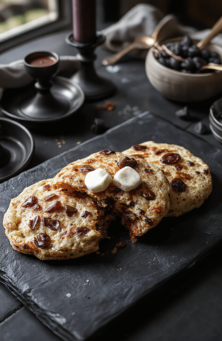 Darkly styled pancakes with shadowy swirls on a black slate plate, garnished with edible black pearls and a side of eerie red syrup, surrounded by gothic décor elements