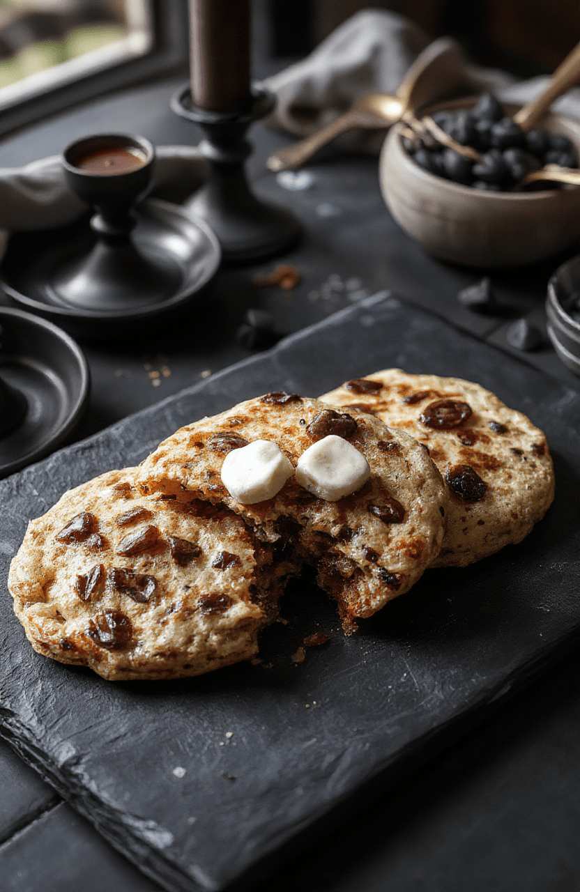 Darkly styled pancakes with shadowy swirls on a black slate plate, garnished with edible black pearls and a side of eerie red syrup, surrounded by gothic décor elements