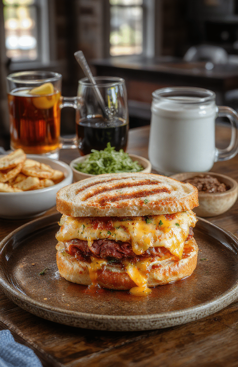 Colorful pastrami sandwiches arranged on a rustic wooden platter, topped with rye bread, fresh lettuce, and zesty mustard. The scene is styled with vintage silverware and a warm table setting, evoking a cozy, nostalgic movie vibe with soft natural light highlighting the textures and vibrant ingredients.