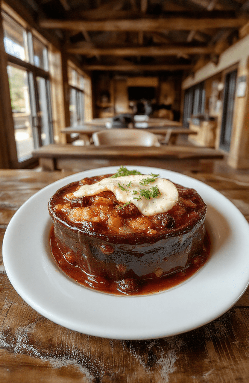 A rustic bowl of hearty Yellowstone Dutton Ranch Chili featuring chunks of beef, kidney beans, and vibrant tomato sauce, topped with shredded cheese and fresh herbs, styled on a wooden table with a cozy, ranch-inspired backdrop