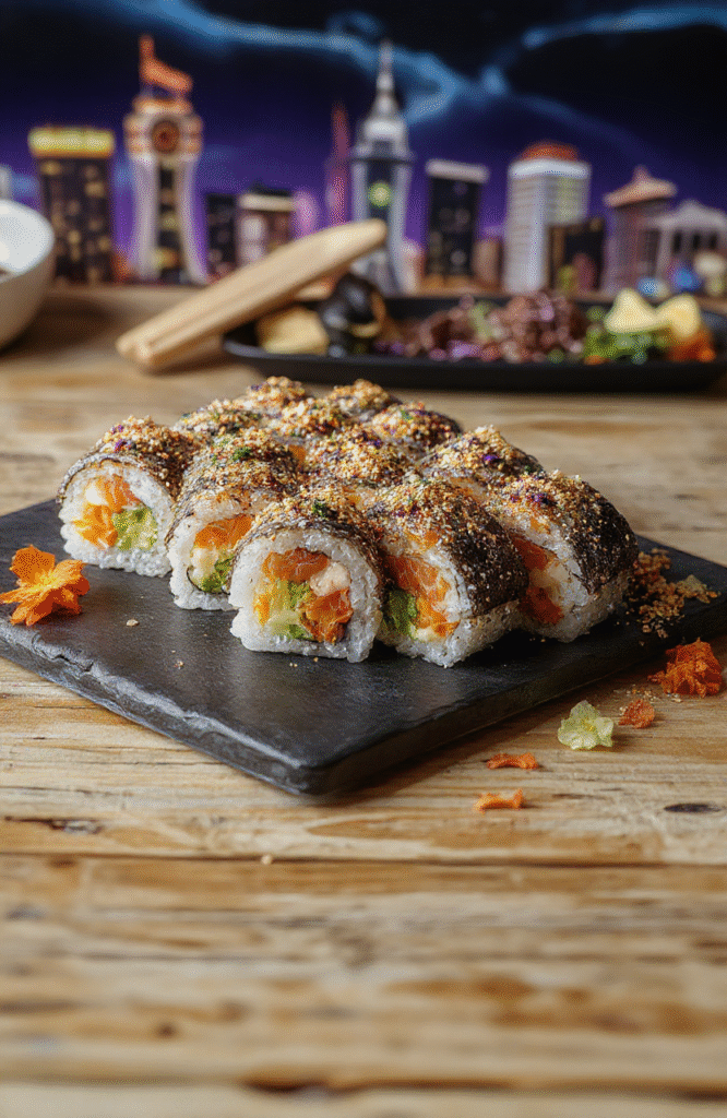 Colorful Zootopia Cityscape Sushi Rolls arranged on a sleek black plate, showcasing intricate layers of vibrant fish, crisp vegetables, and rice, styled to resemble a bustling city skyline with mini skyscrapers and neon lights, garnished with edible flowers and gold flakes, all set against a dark, minimalist background with a hint of cityscape silhouette.