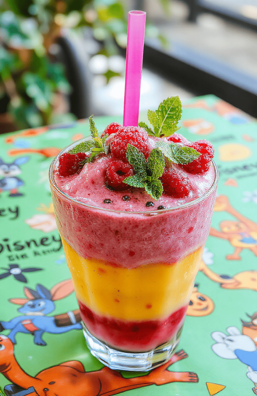 Colorful gazelle-inspired smoothie in a tall glass with pink, orange, and yellow layers, topped with fresh berries and mint leaves, served on a vibrant Disney-themed table with Zootopia themed decorations and playful cartoon elements
