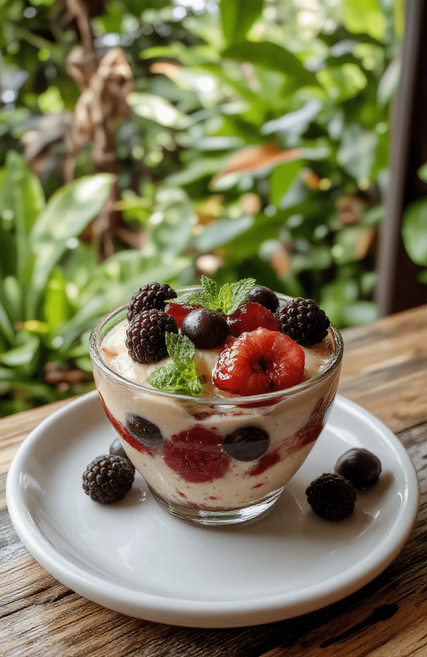 A vibrant Jungle Berry Parfait with fresh mixed berries layered with creamy yogurt and crunchy granola in a clear glass, set on a wooden table with lush greenery background, showcasing textures and vivid colors.