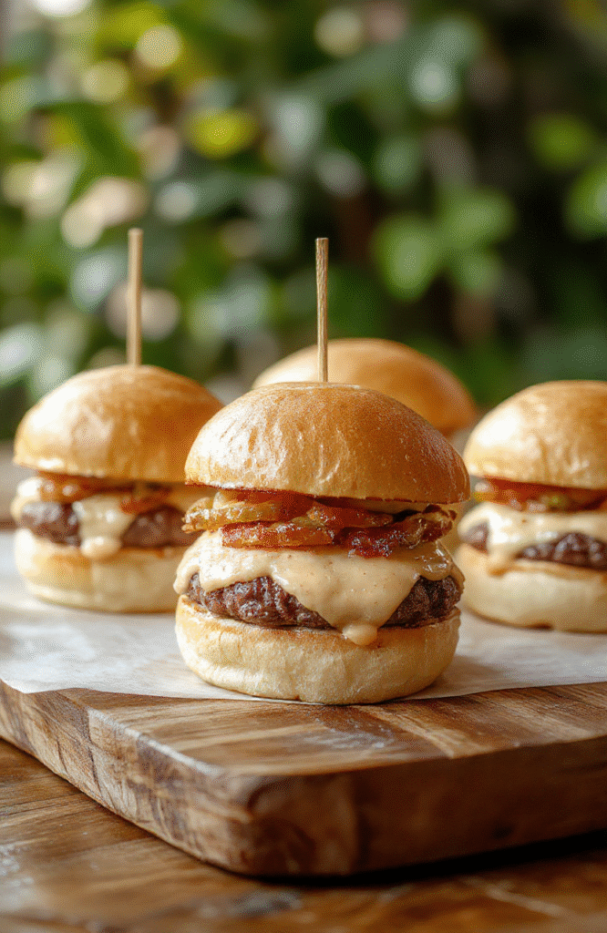 Close-up of golden-brown cheeseburger sliders arranged on a rustic wooden serving platter, topped with melted cheese, crisp lettuce, and juicy tomato slices. The sliders are stacked and slightly glistening, with sesame seed buns and melted cheese oozing from the sides, styled simply with a few pickle slices and a drizzle of ketchup for visual appeal.