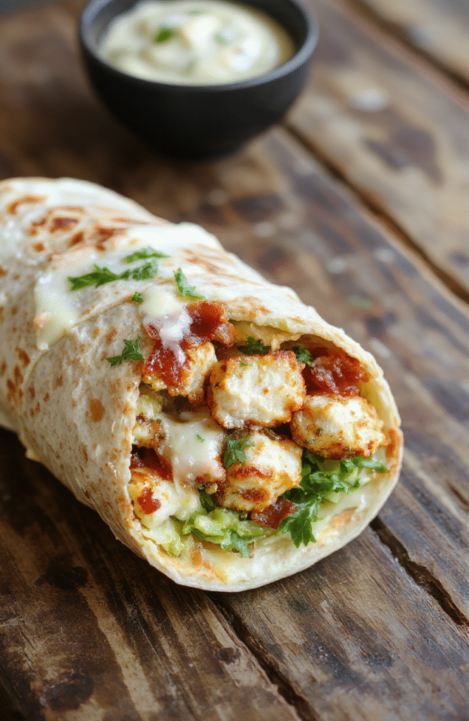 A vibrant chicken bacon ranch wrap sliced in half on a white plate, showcasing fresh lettuce, crispy bacon, tender grilled chicken, and creamy ranch sauce, surrounded by chopped tomatoes and shredded cheese, styled with a rustic wooden background and natural lighting.