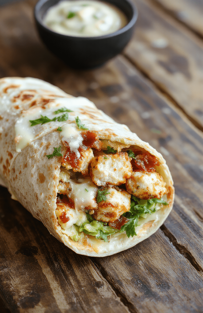A vibrant chicken bacon ranch wrap sliced in half on a white plate, showcasing fresh lettuce, crispy bacon, tender grilled chicken, and creamy ranch sauce, surrounded by chopped tomatoes and shredded cheese, styled with a rustic wooden background and natural lighting.