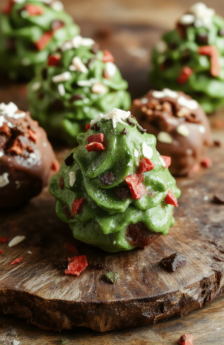 Colorful Christmas tree-shaped cake truffles arranged on a festive platter, decorated with green coconut flakes, red and white sprinkles resembling ornaments, glossy chocolate coating, styled with holiday-themed background elements, visually appealing and inviting.