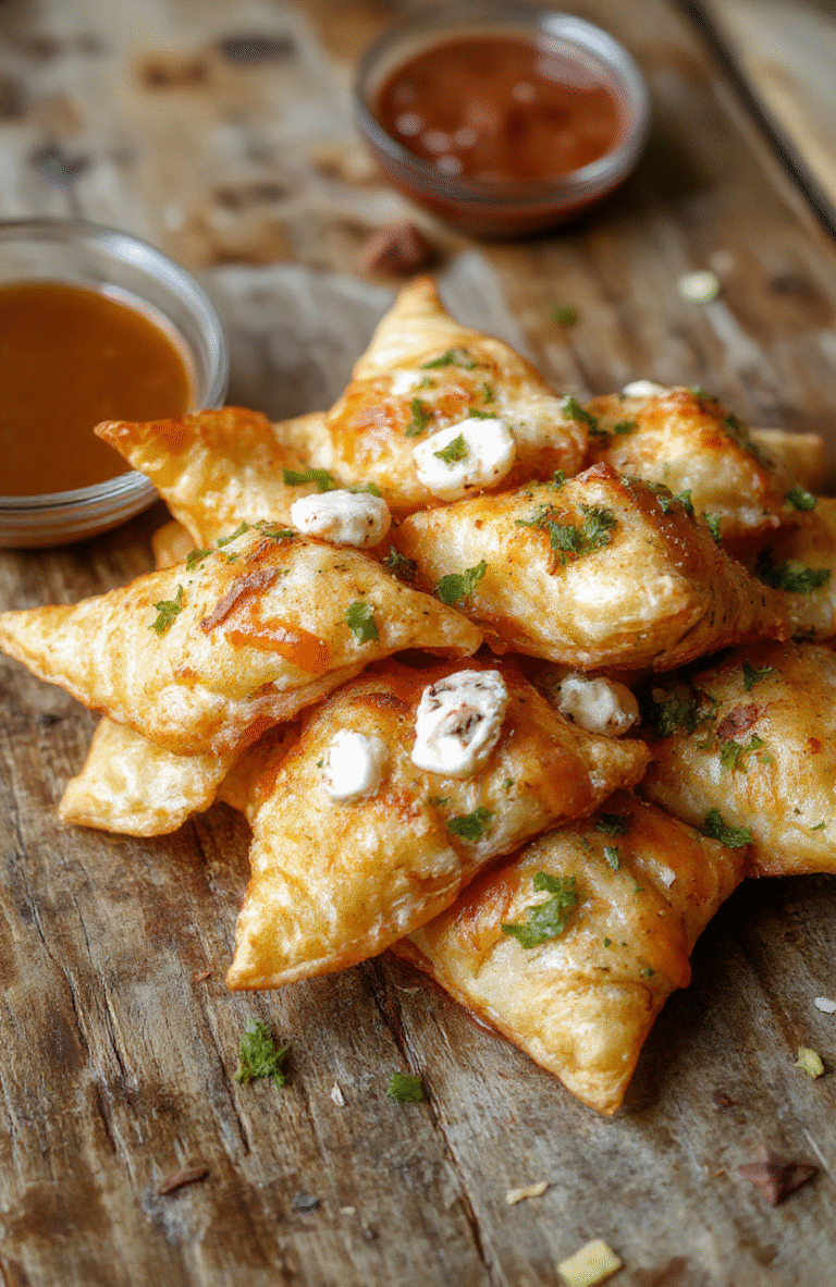 Golden-brown Crab Rangoon appetizers arranged neatly on a white plate, showcasing crispy exterior with hints of creamy filling visible, garnished with chopped green onions, styled simply on a dark wooden surface, natural lighting highlighting textures and colors.