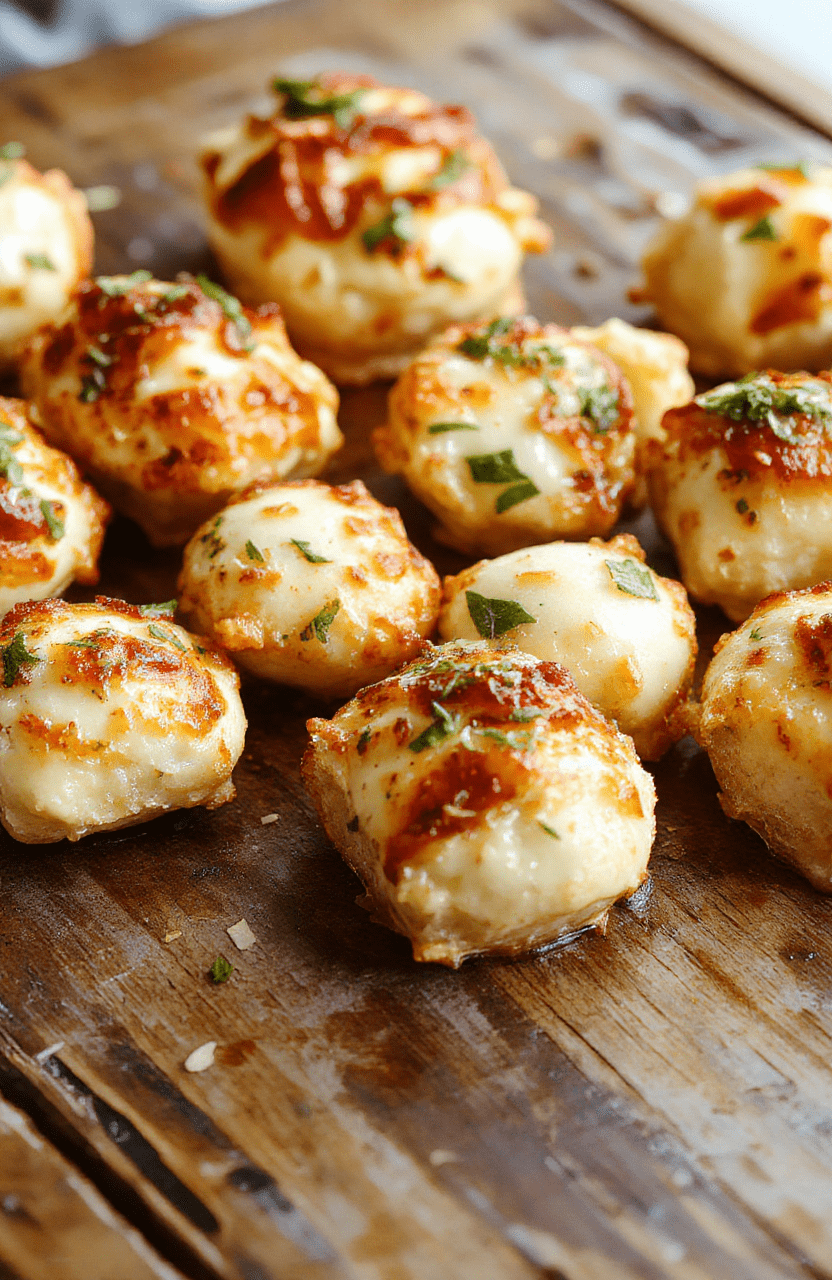 Golden crispy mozzarella bites arranged on a white plate, melting cheese oozing out, garnished with fresh basil leaves and served with marinara dip, vibrant colors, appetizing textures, styled on a rustic wooden surface.