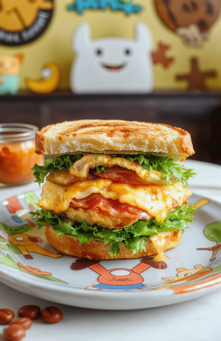 Colorful and playful Finn and Jakes Sandwich on a vibrant plate, with bright ingredients like lettuce, cheese, ham, and colorful bread, styled with a whimsical cartoon-inspired theme, capturing the lively and cheerful essence of Adventure Time.