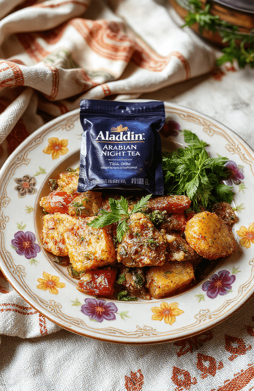 A vibrant, steaming cup of Arabian Nights Tea placed on a beautifully patterned ceramic plate, surrounded by fragrant herbs, dried spices, and dates. The tea has a rich amber color, garnished with a sprig of mint. The scene is styled with traditional Middle Eastern textiles and a cozy, atmospheric setting, highlighting intricate patterns and warm lighting.