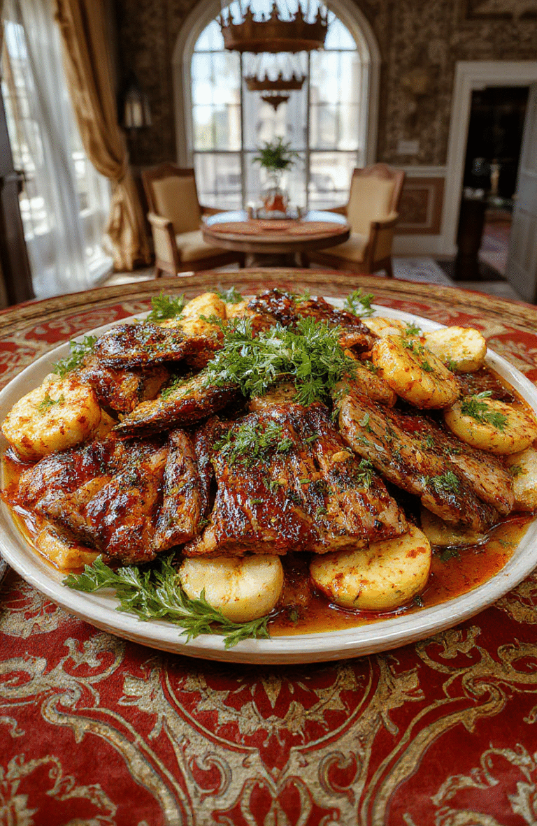 A vibrant and lavish Sultan’s Feast Platter featuring colorful roasted meats, aromatic spices, fresh vegetables, and rich sauces, artfully arranged on a large ornate tray with decorative elements inspired by Middle Eastern motifs. The textures range from crispy to tender, with garnishes like herbs and citrus slices adding freshness.