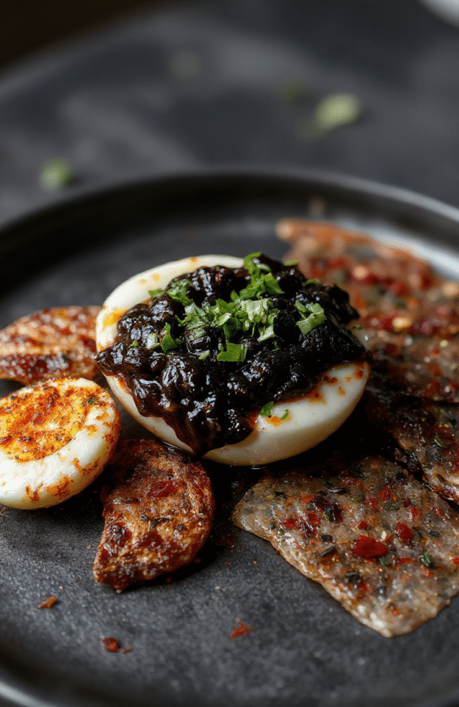 A sleek black dish resembling a cluster of alien eggs, topped with shimmering caviar-like pearls, served on a dark matte plate. The vibrant, glossy black color contrasts with tiny white and silver accents, creating a futuristic and mysterious look. The presentation is minimalist with a sci-fi aesthetic, highlighting the glossy textures and otherworldly vibe.