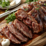 A perfectly cooked prime rib roast with a beautifully browned crust, sliced to reveal juicy, tender meat inside, plated with sprigs of rosemary and garlic, garnished with fresh herbs on a rustic wooden board.