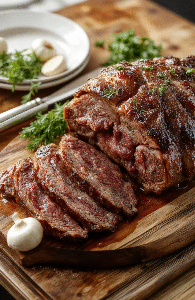 A perfectly cooked prime rib roast with a beautifully browned crust, sliced to reveal juicy, tender meat inside, plated with sprigs of rosemary and garlic, garnished with fresh herbs on a rustic wooden board.