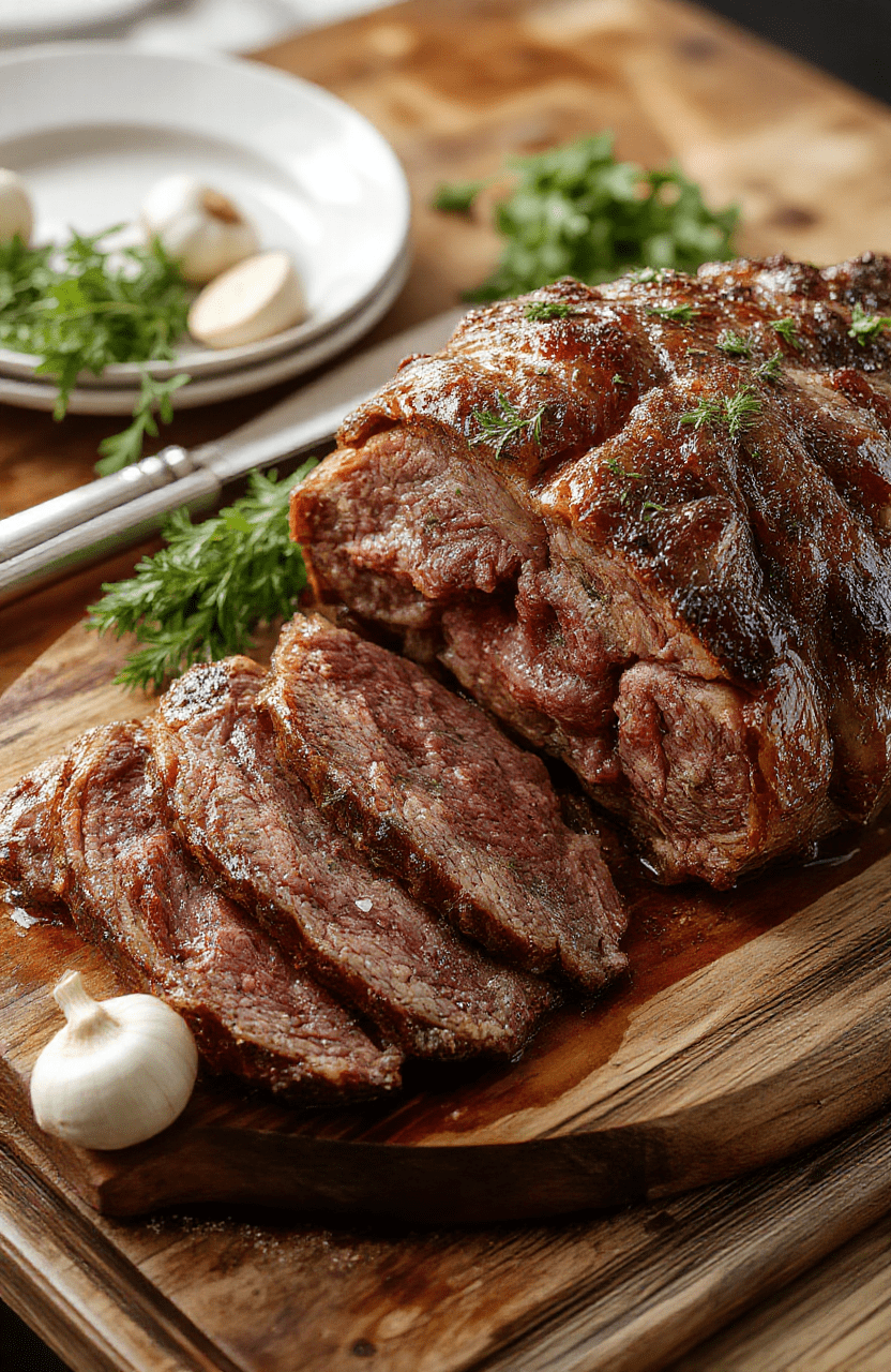 A perfectly cooked prime rib roast with a beautifully browned crust, sliced to reveal juicy, tender meat inside, plated with sprigs of rosemary and garlic, garnished with fresh herbs on a rustic wooden board.