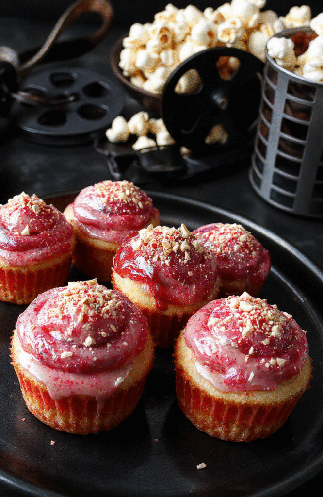 Vibrant cupcakes decorated with galaxy-inspired swirls and cinema-themed toppers, placed on a sleek dark surface with cinematic props in the background, vibrant colors with a glossy finish.