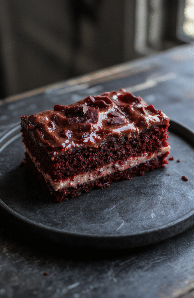A vibrant deep red velvet cake with a smooth, glossy blood-red glaze, layered with creamy white frosting, topped with edible glitter and themed decorations inspired by Attack on Titan, beautifully plated on a dark slate platter, with a backdrop hinting at anime aesthetics