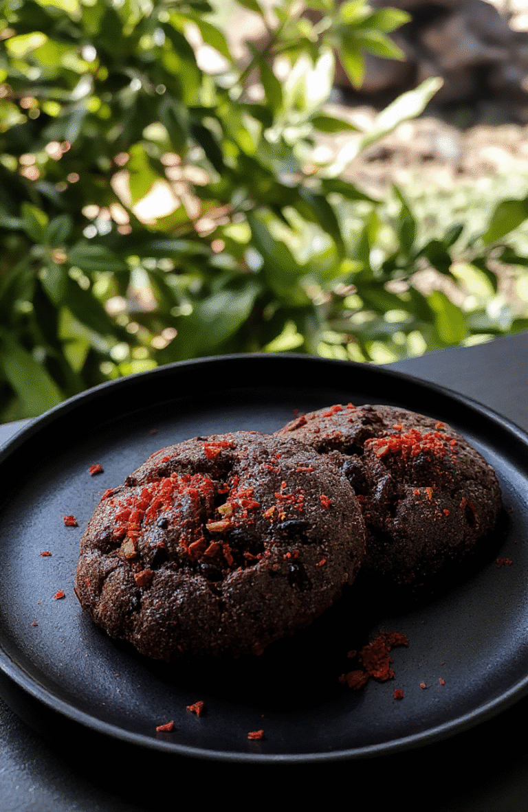 Dark black volcanic Na'vi inspired scones topped with fiery red and orange edible glitter, arranged on a matte black plate with smoky background accents, highlighting their rugged, volcanic texture and mystical glow, styled with natural earth-toned props and ambient lighting.