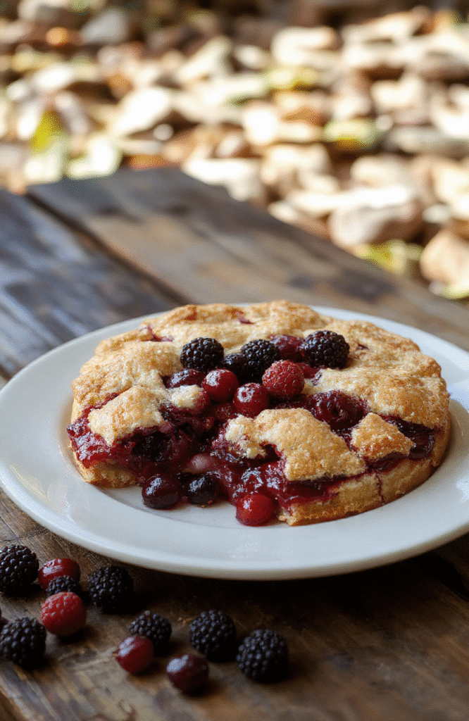 A vibrant slice of Bambi Forest Berry Pie displayed on a rustic wooden plate. The pie has a golden-brown crust with a glossy berry filling bursting with red and purple hues, topped with fresh mint leaves. The scene is set outdoors with soft sunlight highlighting the textures and colors, evoking a whimsical woodland atmosphere with scattered berries around.