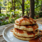 Colorful stacked pancakes topped with fresh berries, whipped cream, and edible flowers, arranged on a rustic wooden plate with a green moss-like backdrop, soft morning light highlighting the texture and vibrant colors of the pancakes, garnished with a drizzle of honey and a sprig of mint, styled with a whimsical woodland theme.