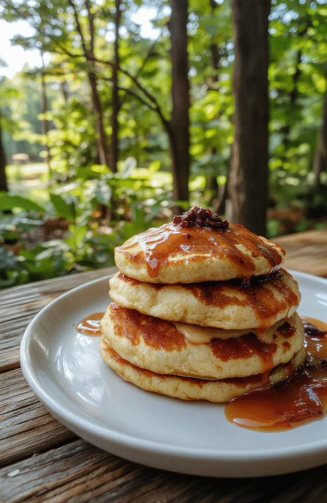 Colorful stacked pancakes topped with fresh berries, whipped cream, and edible flowers, arranged on a rustic wooden plate with a green moss-like backdrop, soft morning light highlighting the texture and vibrant colors of the pancakes, garnished with a drizzle of honey and a sprig of mint, styled with a whimsical woodland theme.