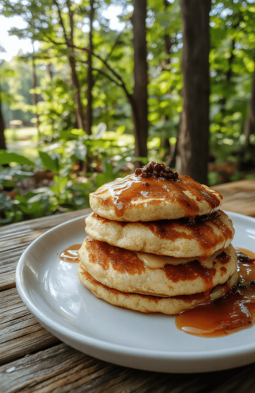 Colorful stacked pancakes topped with fresh berries, whipped cream, and edible flowers, arranged on a rustic wooden plate with a green moss-like backdrop, soft morning light highlighting the texture and vibrant colors of the pancakes, garnished with a drizzle of honey and a sprig of mint, styled with a whimsical woodland theme.