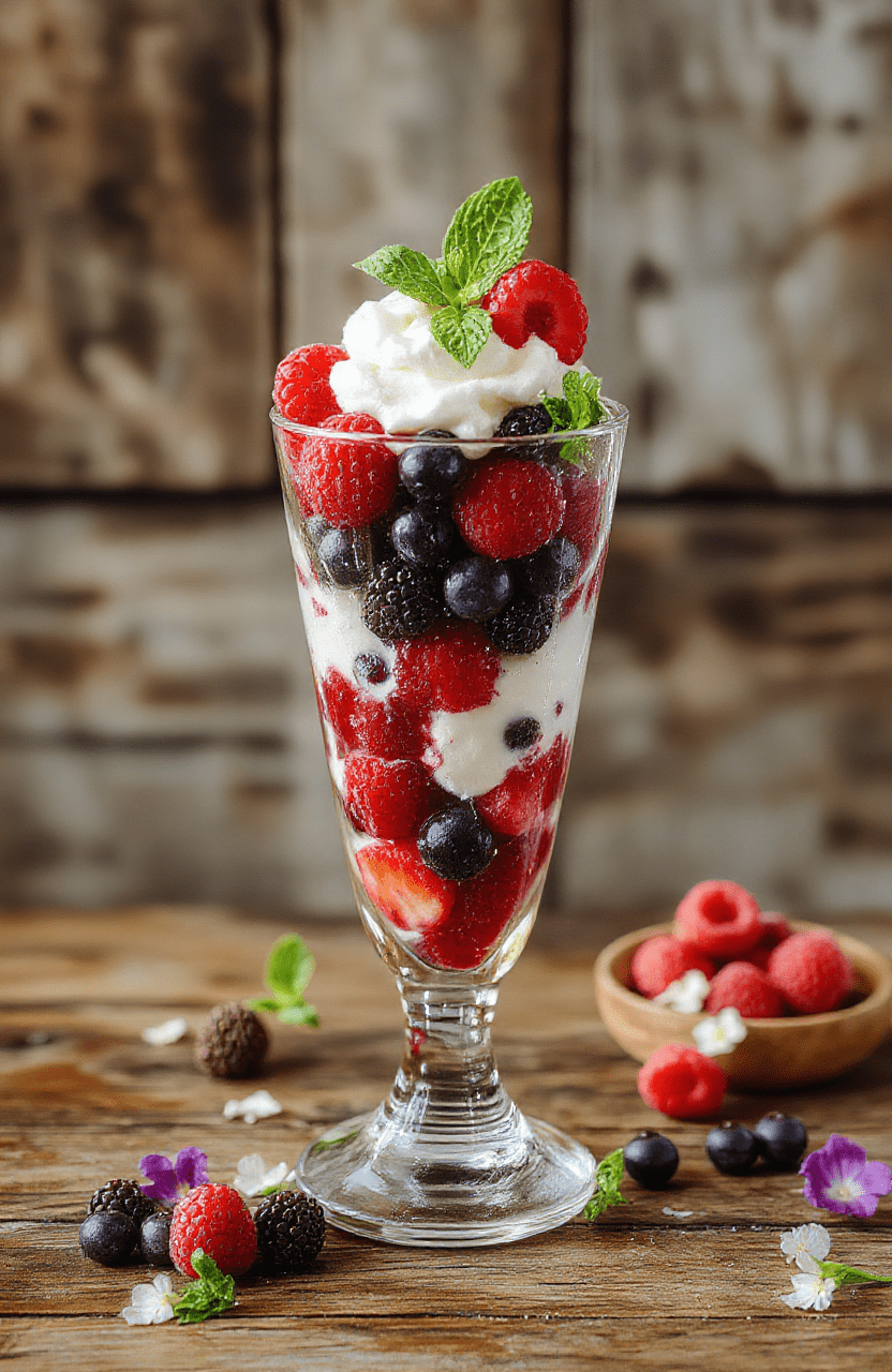 A vibrant layered berry parfait in a tall glass, featuring fresh strawberries, blueberries, and raspberries topped with whipped cream and mint leaves, styled elegantly with a rustic wooden background and delicate edible flowers for a whimsical touch.