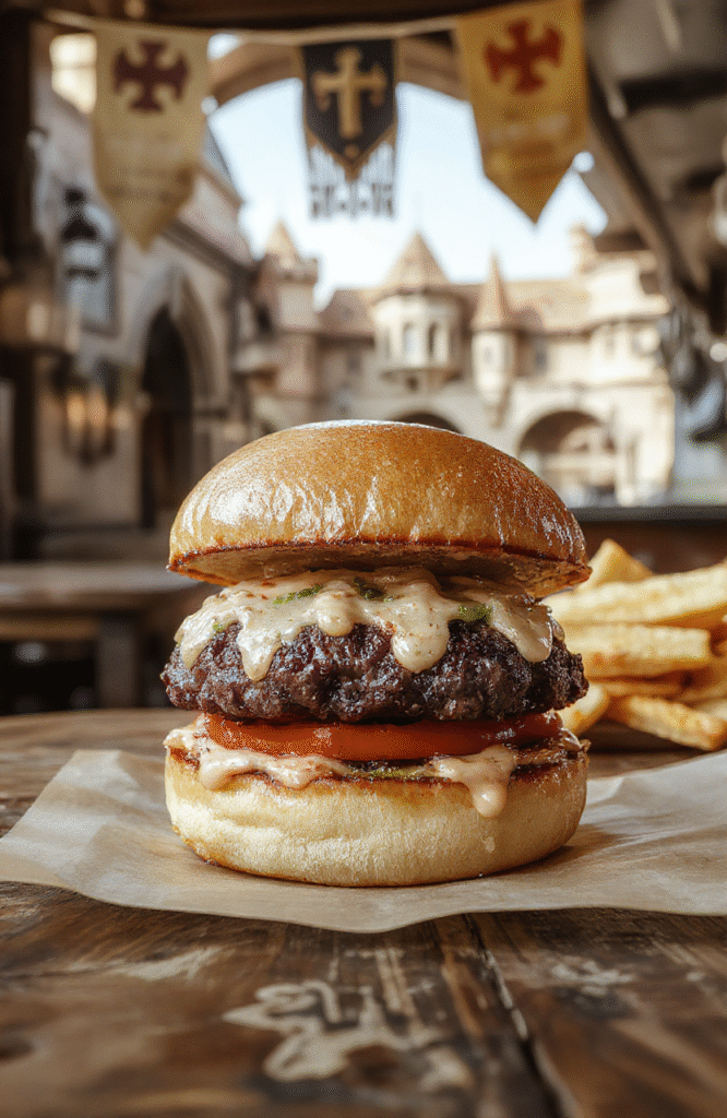 A towering giant burger with toasted sesame bun, overflowing with juicy beef patties, melted cheddar cheese, fresh lettuce, tomato slices, and crispy onion rings. The vibrant colors and glossy finish make it look indulgent and hearty, styled like a scene from a fairytale feast, on a rustic wooden plate with a backdrop of castle banners and medieval decor.