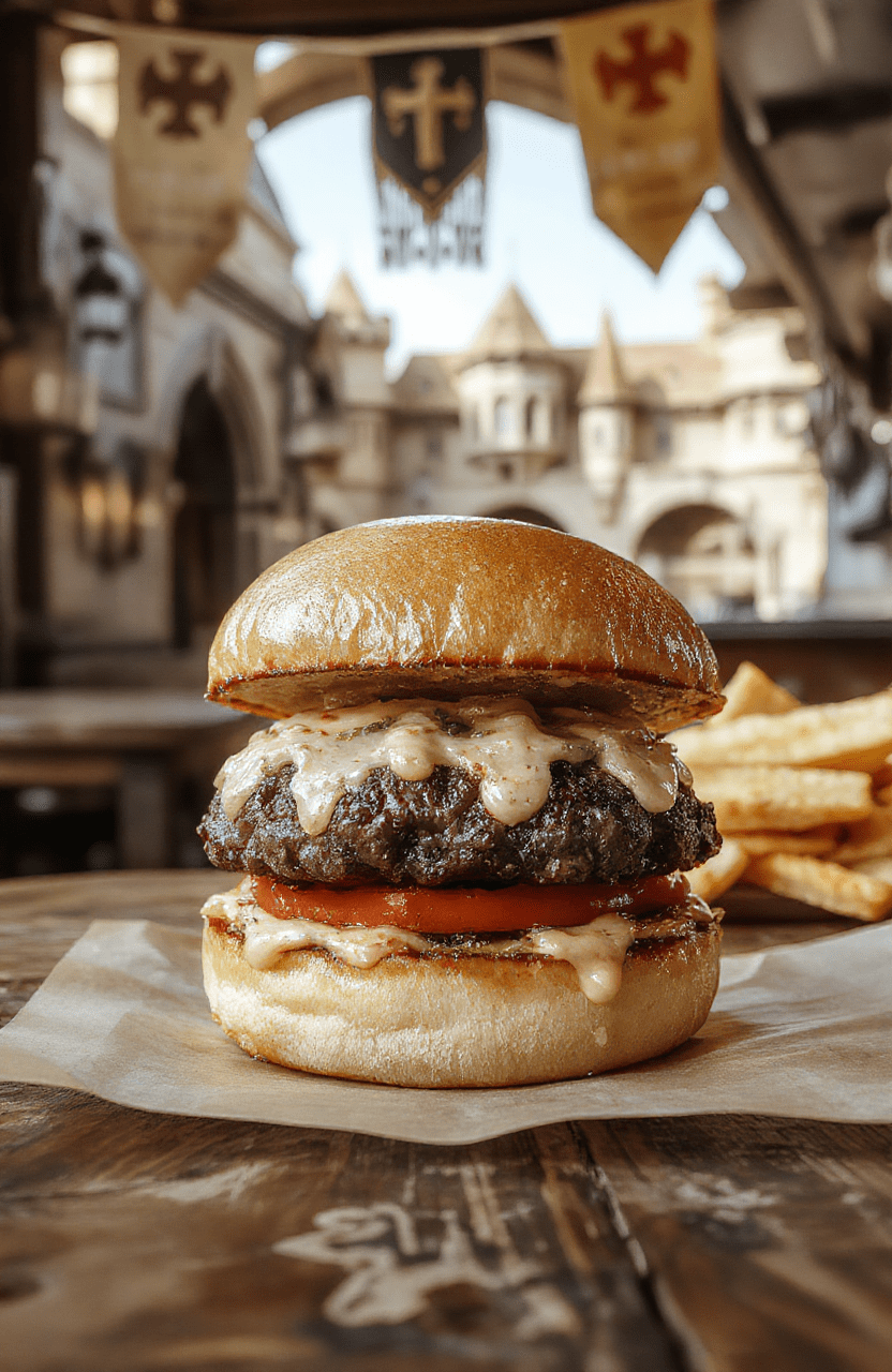 A towering giant burger with toasted sesame bun, overflowing with juicy beef patties, melted cheddar cheese, fresh lettuce, tomato slices, and crispy onion rings. The vibrant colors and glossy finish make it look indulgent and hearty, styled like a scene from a fairytale feast, on a rustic wooden plate with a backdrop of castle banners and medieval decor.