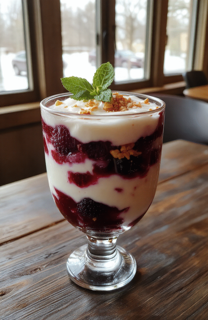 A vibrant layered parfait in a clear glass, featuring creamy white yogurt, deep purple berries, and golden granola, topped with a sprig of mint. The presentation is smooth and inviting, with contrasting textures and colors that emphasize freshness and cold comfort. The parfait is styled on a dark wooden surface with soft natural light illuminating the layers.