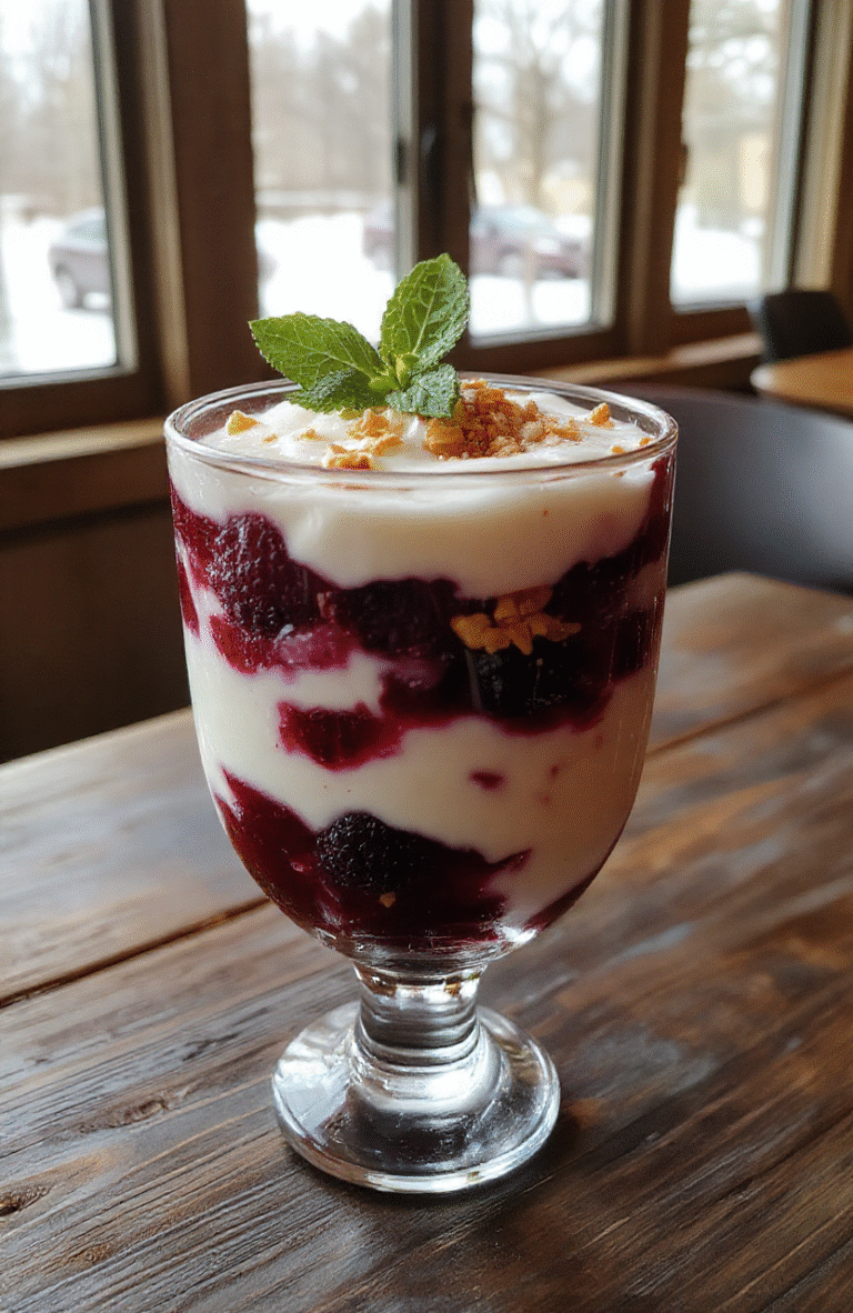 A vibrant layered parfait in a clear glass, featuring creamy white yogurt, deep purple berries, and golden granola, topped with a sprig of mint. The presentation is smooth and inviting, with contrasting textures and colors that emphasize freshness and cold comfort. The parfait is styled on a dark wooden surface with soft natural light illuminating the layers.