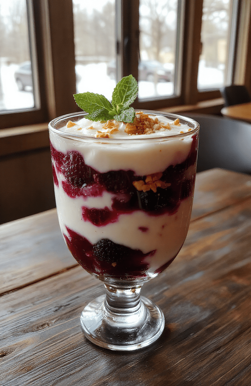 A vibrant layered parfait in a clear glass, featuring creamy white yogurt, deep purple berries, and golden granola, topped with a sprig of mint. The presentation is smooth and inviting, with contrasting textures and colors that emphasize freshness and cold comfort. The parfait is styled on a dark wooden surface with soft natural light illuminating the layers.