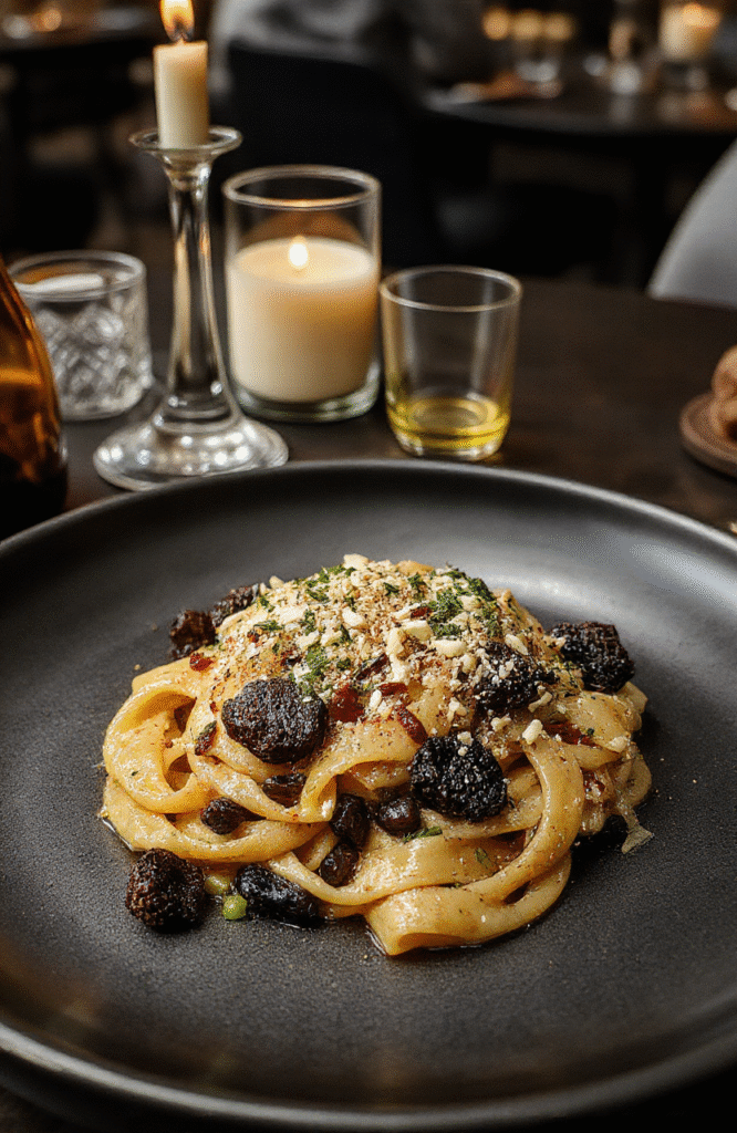 A luxurious black truffle pasta served elegantly on a dark ceramic plate, topped with shavings of fresh black truffle, vibrant green herbs, and a drizzle of olive oil. The pasta noodles are creamy and glossy, with black flecks of truffle visible throughout, styled on a sleek dark background with subtle lighting highlighting the textures.