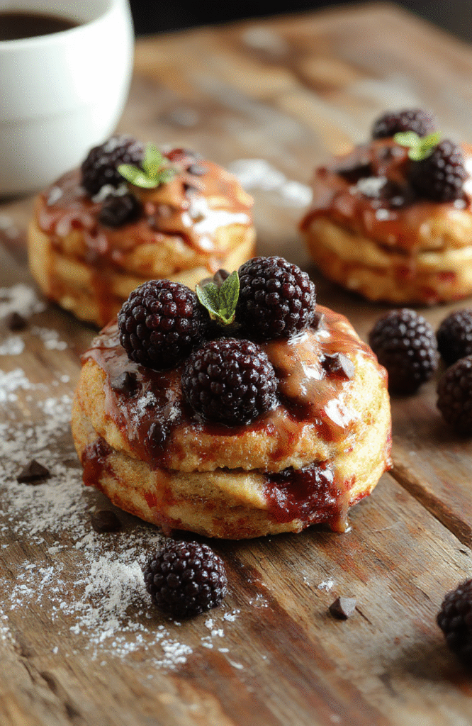 A rich, layered blackberry cake with glossy purple-blackberries on top, decorated with fresh mint leaves. The cake has a smooth, frosting-coated surface, and is set on a rustic wooden table with scattered blackberries around, highlighting its decadent, goth-inspired aesthetic with dark, moody lighting and a slightly textured background.