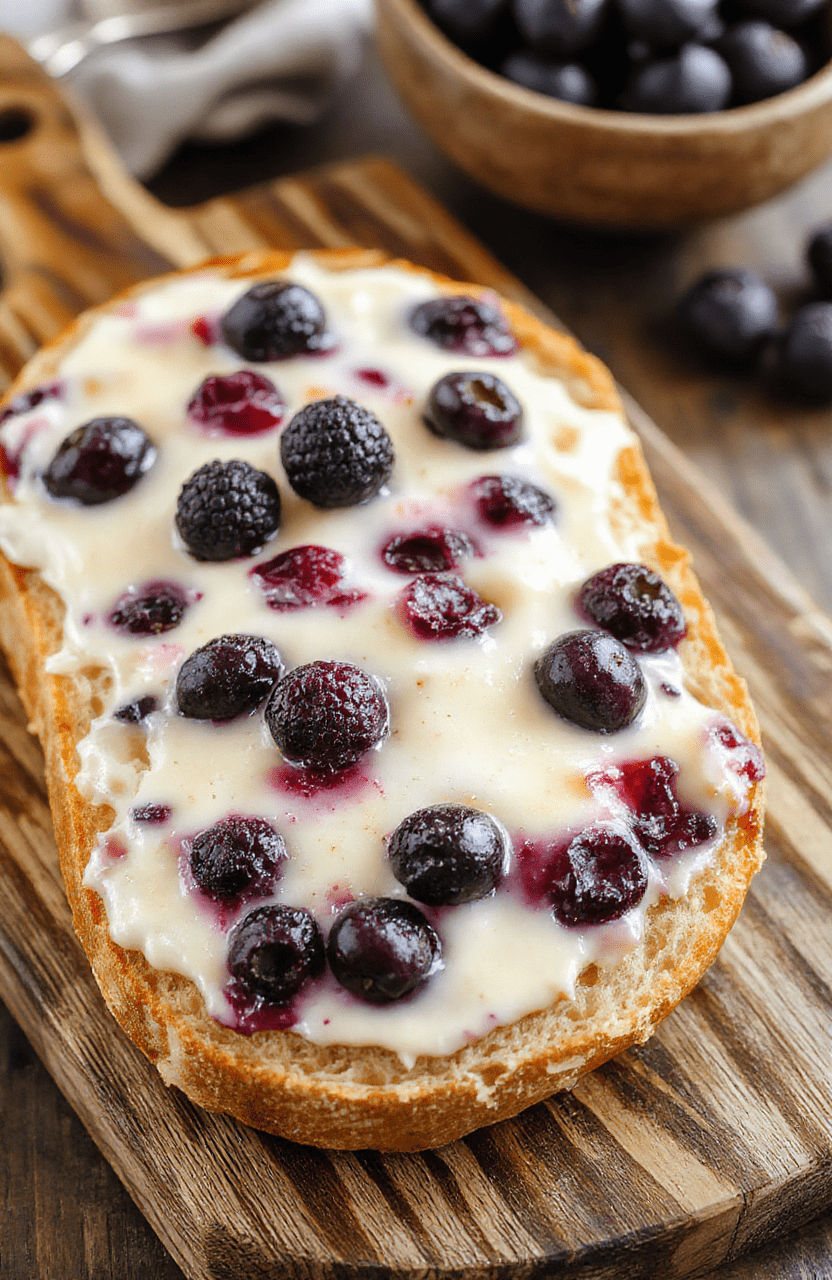 A beautifully sliced blueberry cream cheese bread loaf topped with fresh blueberries and a dusting of powdered sugar, showing the moist, swirled interior with cream cheese filling. The bread is placed on a rustic wooden board, styled with a few blueberries around, natural daylight highlighting the vibrant blue and creamy white colors, with soft shadows and a cozy brunch vibe.