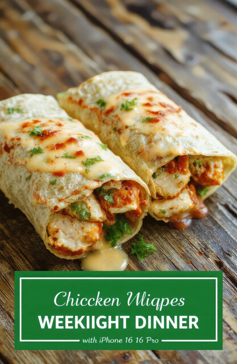 A close-up of cheesy chicken wraps on a white plate, filled with golden grilled chicken, melted cheese, fresh lettuce, and tomatoes, with a crispy tortilla wrapping. The wraps are sliced in half showing the juicy filling, served on a rustic wooden surface with a side of dipping sauce, styled casually with a hint of herbs for garnish.