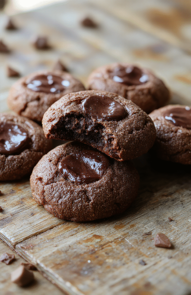 A close-up of chewy chocolate thumbprint cookies arranged on a rustic wooden board. The cookies have a glossy chocolate glaze, with a centered dollop of rich filling. The texture appears fudgy and moist, with a slightly cracked surface and shiny finish. Soft natural lighting highlights the glossy chocolate and inviting texture, styled casually with a few crumbs scattered for a cozy, homemade look.