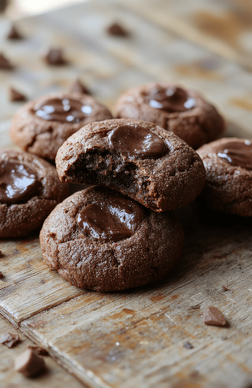 A close-up of chewy chocolate thumbprint cookies arranged on a rustic wooden board. The cookies have a glossy chocolate glaze, with a centered dollop of rich filling. The texture appears fudgy and moist, with a slightly cracked surface and shiny finish. Soft natural lighting highlights the glossy chocolate and inviting texture, styled casually with a few crumbs scattered for a cozy, homemade look.