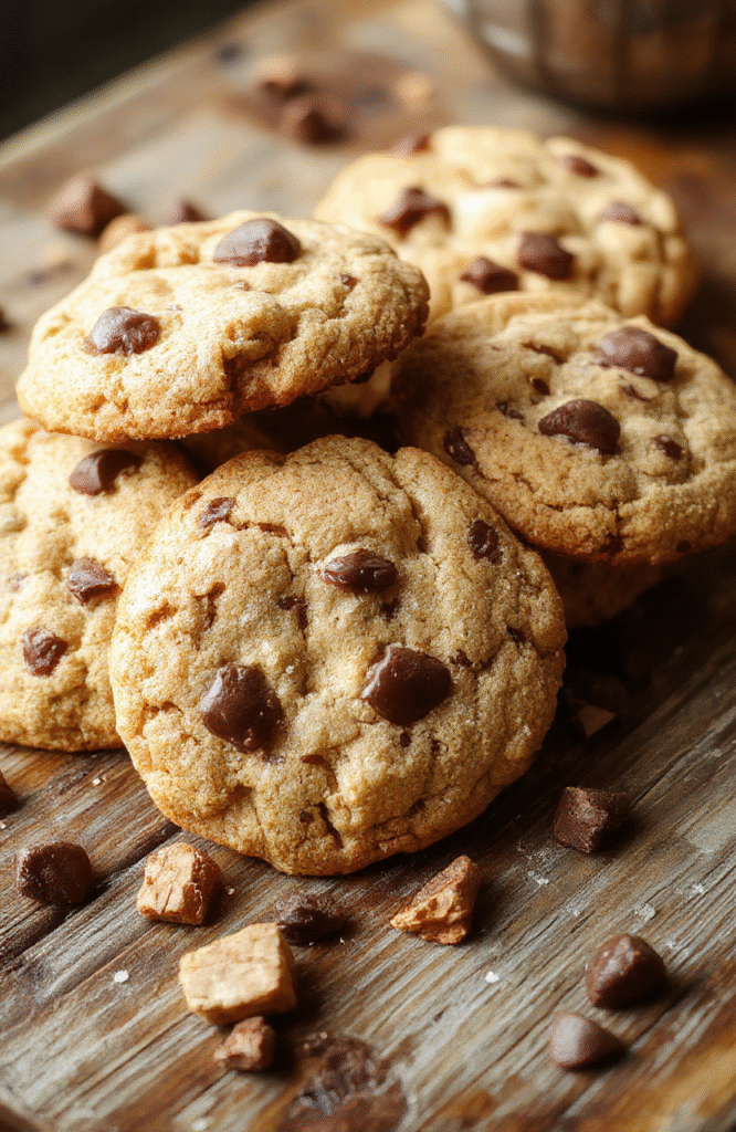A close-up of chewy cowboy cookies with chocolate chips, walnuts, and oats on a rustic wooden platter, with a warm background and natural daylight highlighting textures.