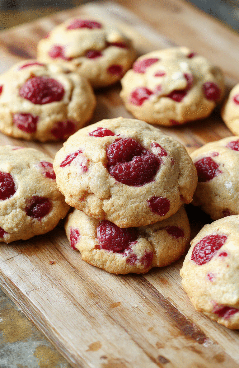 A plate of chewy raspberry cookies with vibrant red raspberries embedded inside, arranged on a rustic wooden surface. The cookies have a golden-brown edges and a slightly cracked top, showcasing their chewy texture. Fresh raspberries are scattered around for garnish, with a soft-focus background creating a cozy, inviting atmosphere.